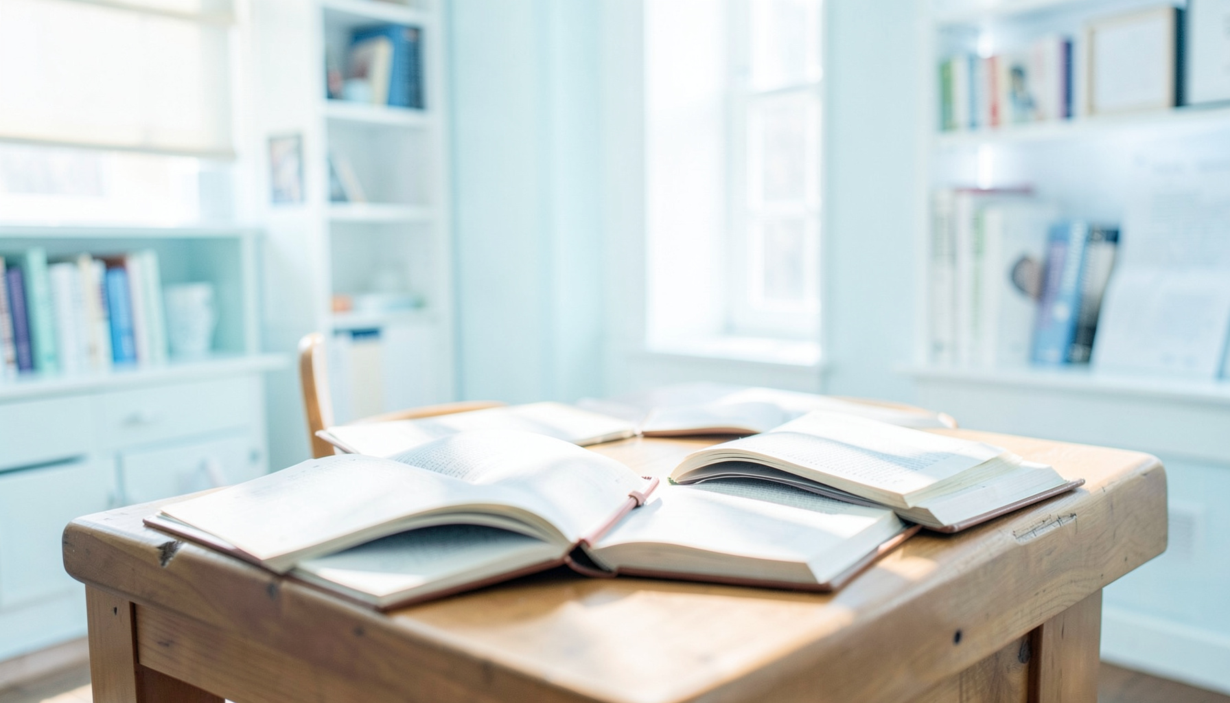 A warmly lit reading room with open books on a wooden table, soft shadows stretching across the surface
